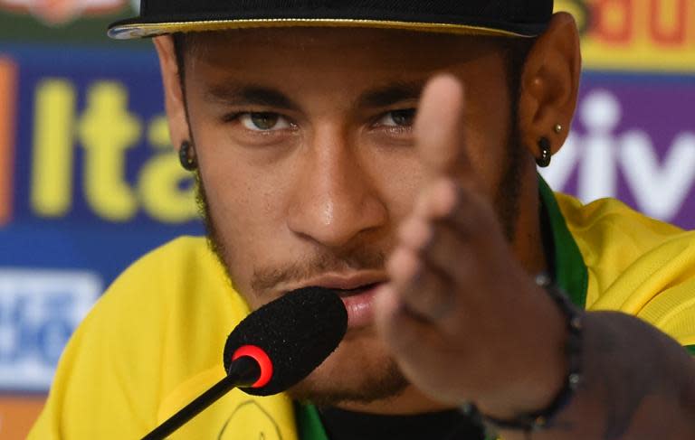 Brazil's forward Neymar gives a press conference in Teresopolis on July 10, 2014, during the FIFA World Cup