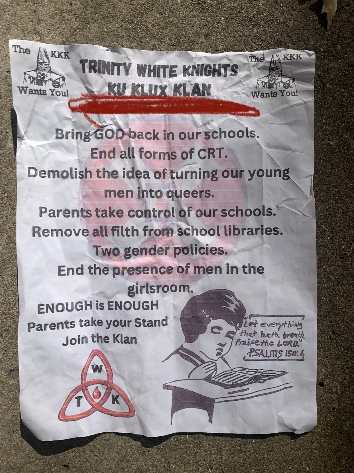 A KKK flyer distributed in Carmel neighborhoods.