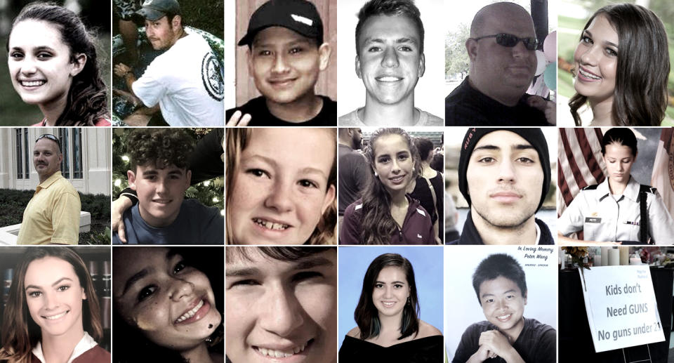 Top row, from left: Alyssa Alhadeff, Scott Beigel, Martin Duque, Nicholas Dworet, Aaron Feis, Jaime Guttenberg, Middle row, from left: Chris Hixon, Luke Hoyer, Cara Loughran, Gina Montalto, Joaquin Oliver, Alaina Petty. Bottom row, from left: Meadow Pollack, Helena Ramsey, Alex Schachter, Carmen Schentrup, Peter Wang, Pine Trail Park. (Photos: Facebook (2), Go Fund Me, Instagram, AP (2), Facebook, Joan Cox via AP, Go Fund Me, AP, Twitter, Facebook (3), Go Fund Me, MSD, Allen Breed/AP, Mark Wilson/Getty Images)