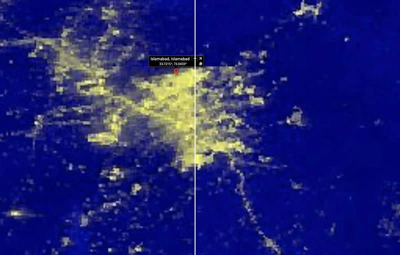 FILE PHOTO: A satellite image shows before and after in Islamabad, Pakistan, following a country-wide power breakdown