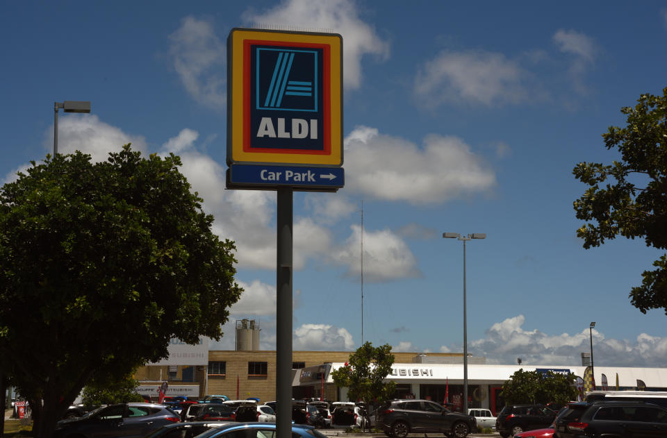 Tower sign for the Kippa-Ring branch of the Aldi supermarket chain in Queensland, Australia. Aldi, a subsidiary of the German supermarket group, operates hundreds of outlets in Australia in stand-alone and mall locations.