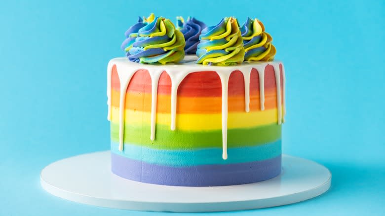 rainbow cake with drip frosting