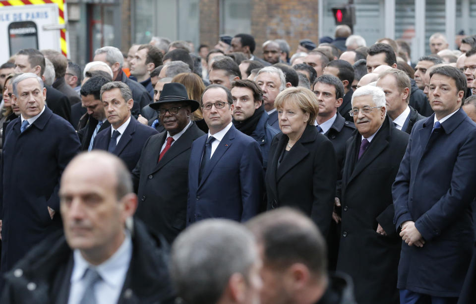 World leaders join together in Paris during national unity march. (AP Photo/Francois Mori)