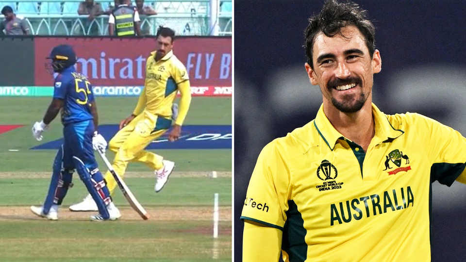 Mitchell Starc stops his delivery and Starc smiles.