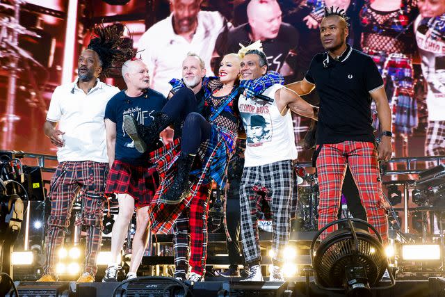 <p>Frazer Harrison/Getty</p> (L-R) Adrian Young, Tom Dumont, Gwen Stefani, and Tony Kanal of No Doubt performs at the Coachella Stage during the 2024 Coachella Valley Music and Arts Festival at Empire Polo Club on April 20, 2024 in Indio, California