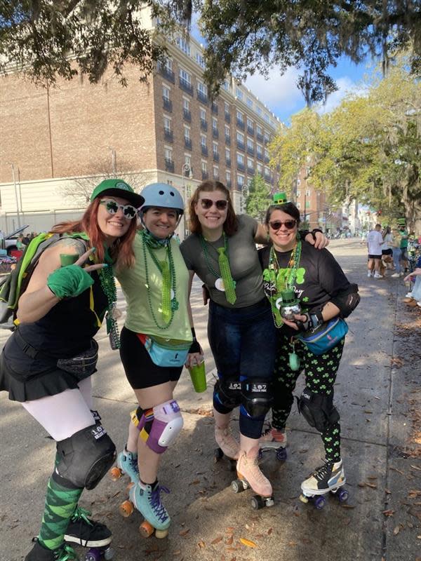 The Wheel Skate Club came out in full force, dressed in roller skates, knee pads, helmets and matching green ties to celebrate the occasion