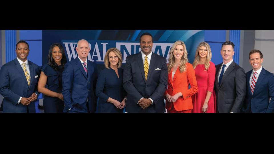 The WRAL afternoon and evening news and weather team, L-R: Chris Lovingood, Lena Tillett, Mike Maze, Debra Morgan, Gerald Owens, Ashley Rowe, Cat Campbell, Dan Haggerty, Mark Boyle. WRAL