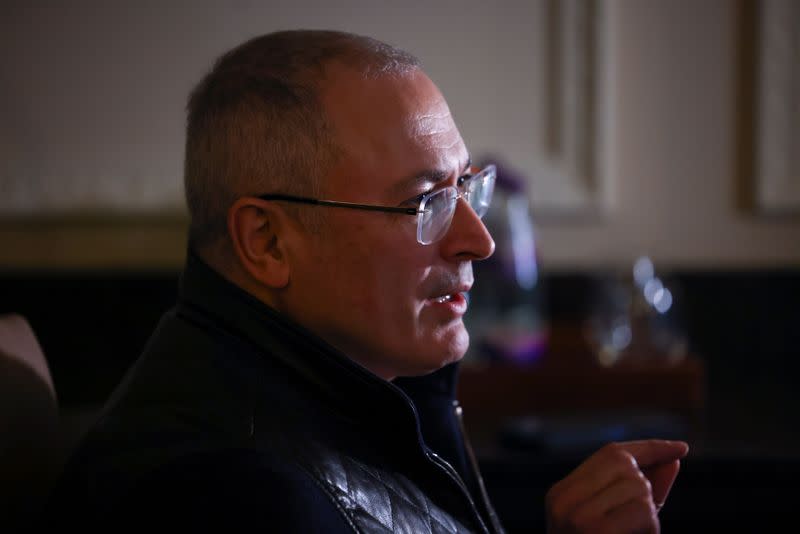 Former Russian tycoon Mikhail Khodorkovsky speaks during an interview with Reuters in central London, Britain