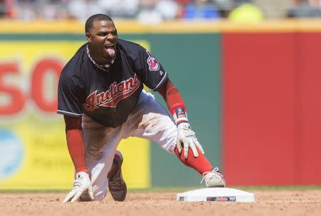Jun 6, 2018; Cleveland, OH, USA; Cleveland Indians center fielder Rajai Davis (26) reacts after stealing second during the sixth inning against the Milwaukee Brewers at Progressive Field. Mandatory Credit: Ken Blaze-USA TODAY Sports