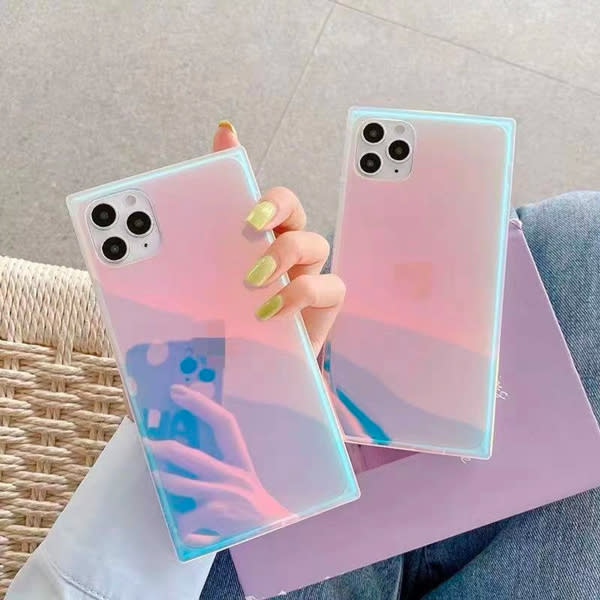 Woman holding holographic square iPhone case.