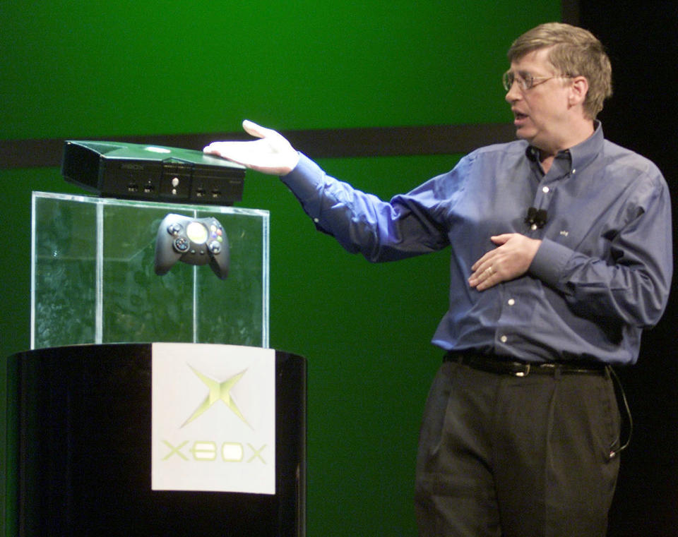 383983 03: Microsoft CEO Bill Gates unveils the new Xbox game console January 6, 2001 at the 2001 Consumer Electronics Show VIP's at the Hilton in Las Vegas, NV. (Photo by Steve Wilson/Newsmakers)