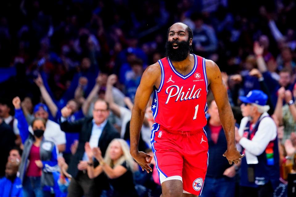 Philadelphia 76ers' James Harden reacts during the first half of Game 4 of an NBA basketball second-round playoff series against the Miami Heat, Sunday, May 8, 2022, in Philadelphia. (AP Photo/Matt Slocum)