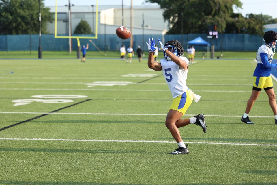 Joshua Youngblood snares a pass in a Delaware football practice last week.