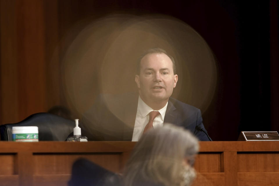 Sen. Mike Lee, R-Utah, speaks during the confirmation hearing for Supreme Court nominee Amy Coney Barrett at the Senate Judiciary Committee on Capitol Hill in Washington, Monday, Oct. 12, 2020. (Greg Nash/Pool via AP)