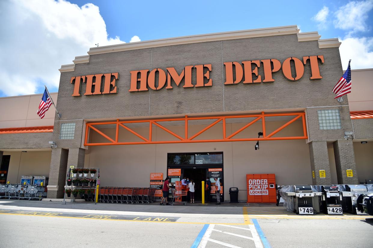 May 29, 2020; Boca Raton, Florida, USA; A general view of the entrance to the Home Depot store in Boca Raton Florida prior to the arrival of Governor Ron DeSantis (not pictured). Mandatory Credit: Jasen Vinlove-USA TODAY NETWORK