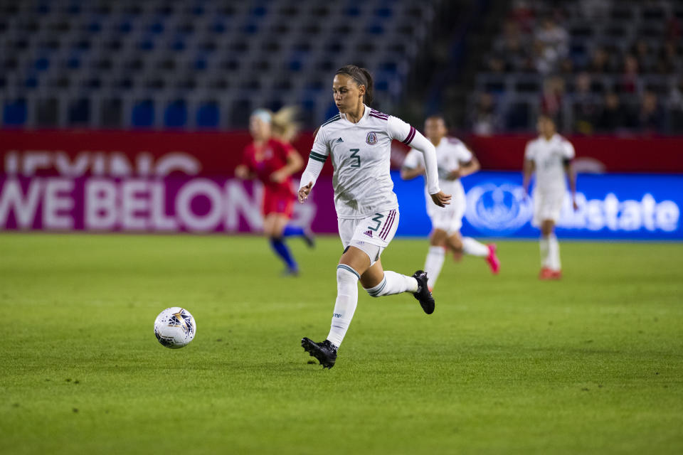 LOS ANGELES, CA - FEBRUARY 07: Mexico defender Janelly Farias (3) dribbles the ball during the CONCACAF Womens Olympic Qualifying Semifinal against Mexico on Friday, Feb. 7, 2020 at Dignity Health Sports Park in Carson, Calif. (Photo by Ric Tapia/Icon Sportswire via Getty Images)