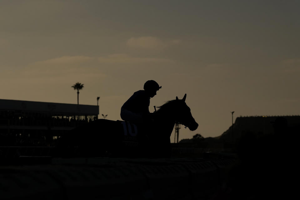 William Buick rides Yibir before the start of the Breeders' Cup Turf race, which Yibir won, at the Del Mar racetrack in Del Mar, Calif., Saturday, Nov. 6, 2021. (AP Photo/Jae C. Hong)