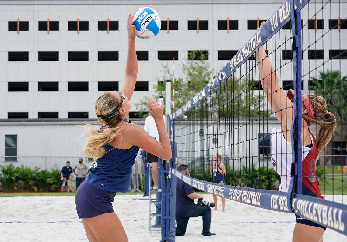 MIAMI, FL - FEBRUARY 27: FIU’s Natalia Giron (14) plays during a college beach volley ball match between the Florida Atlantic University Owls and the Florida International University Panthers on February 27, 2018 at Miami, Florida. FIU defeated FAU 3-2.