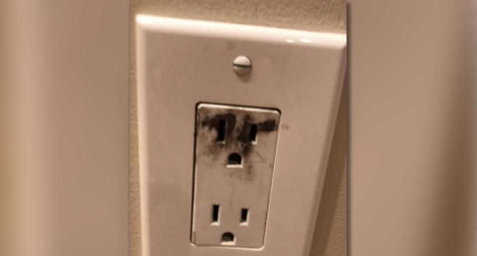 A damaged wall socket pictured following the TikTok challenge. Source: Massachusetts Department of Fire Services 