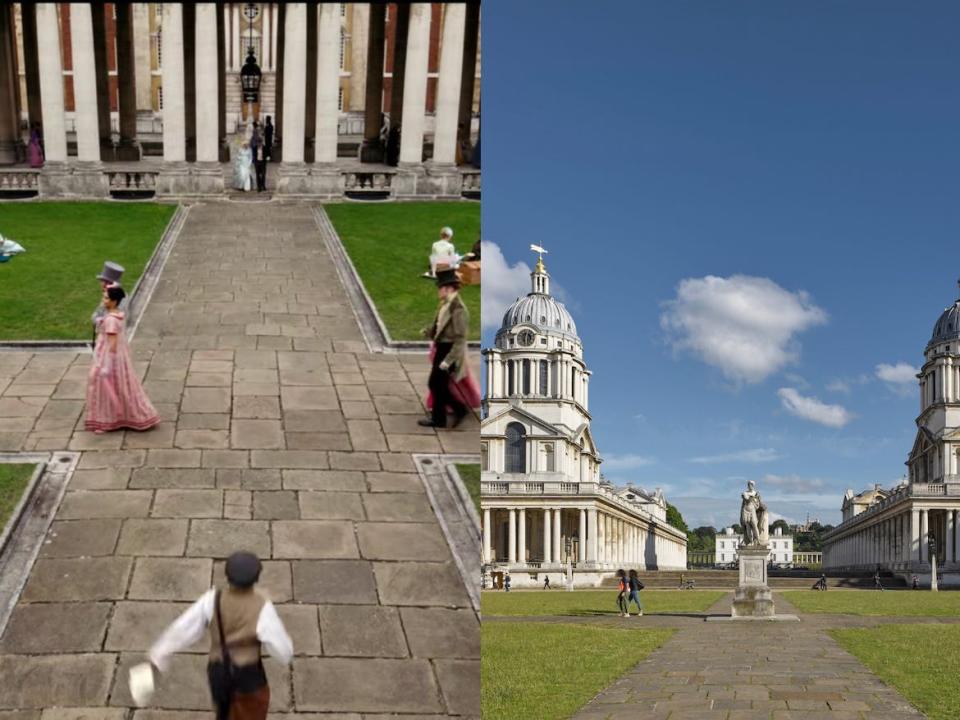 Actors walking in a courtyard in "Bridgerton" (left) and an exterior shot of The Old Royal Naval College in reality (right).