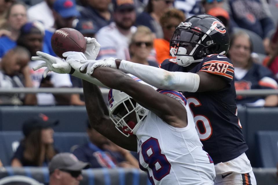 Chicago Bears' Michael Ojemudia breaks up a pass intended for Buffalo Bills' Justin Shorter during the second half of an NFL preseason football game, Saturday, Aug. 26, 2023, in Chicago. (AP Photo/Nam Y. Huh)