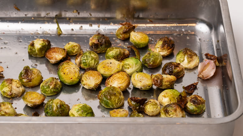 roasted brussels sprouts in roasting pan