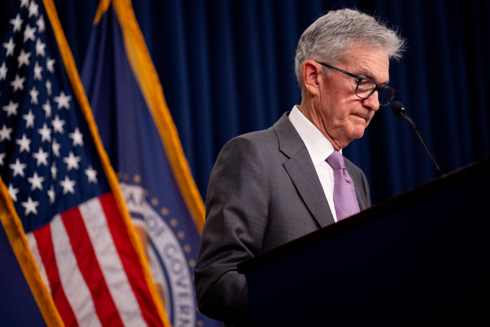 WASHINGTON, DC - JULY 31: Federal Reserve Chairman Jerome Powell answers a reporter's questions at a press conference following a Federal Open Market Committee meeting at the William McChesney Martin Jr. Federal Reserve Board Building on July 31, 2024 in Washington, DC. Powell spoke to members of the media after the Federal Reserve left short-term interest rates at their current levels and rates were widely expected to fall in September. (Photo by Andrew Harnik/Getty Images)