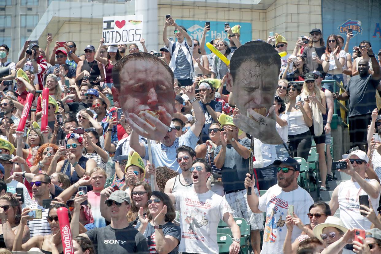 The crowd at Maimonides Park stadium cheers for Competitive eater Joey Chestnut at the Nathan's Fourth of July Hot Dog Eating Contest in Coney Island on Sunday. 