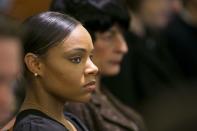 Shayanna Jenkins, fiancee of former NFL player Aaron Hernandez, listens during the murder trial for Hernandez at the Bristol County Superior Court in Fall River, Massachusetts, April 15, 2015. Hernandez, 25, a former tight end for the New England Patriots, is accused of fatally shooting semiprofessional football player Odin Lloyd in an industrial park near Hernandez's Massachusetts home in June 2013. REUTERS/Dominick Reuter