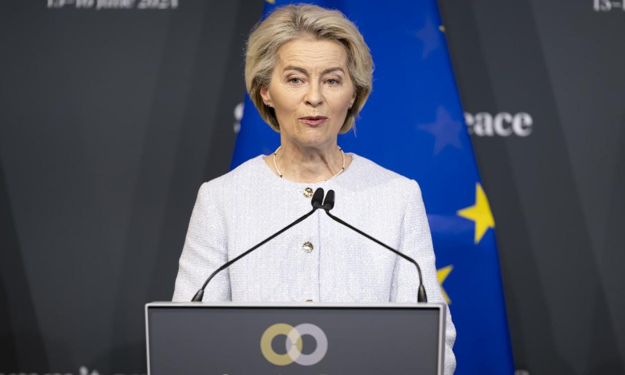 <span>Von der Leyen speaking at the end of a Ukraine peace summit in Switzerland on Sunday.</span><span>Photograph: Alessandro Della Valle/EPA</span>