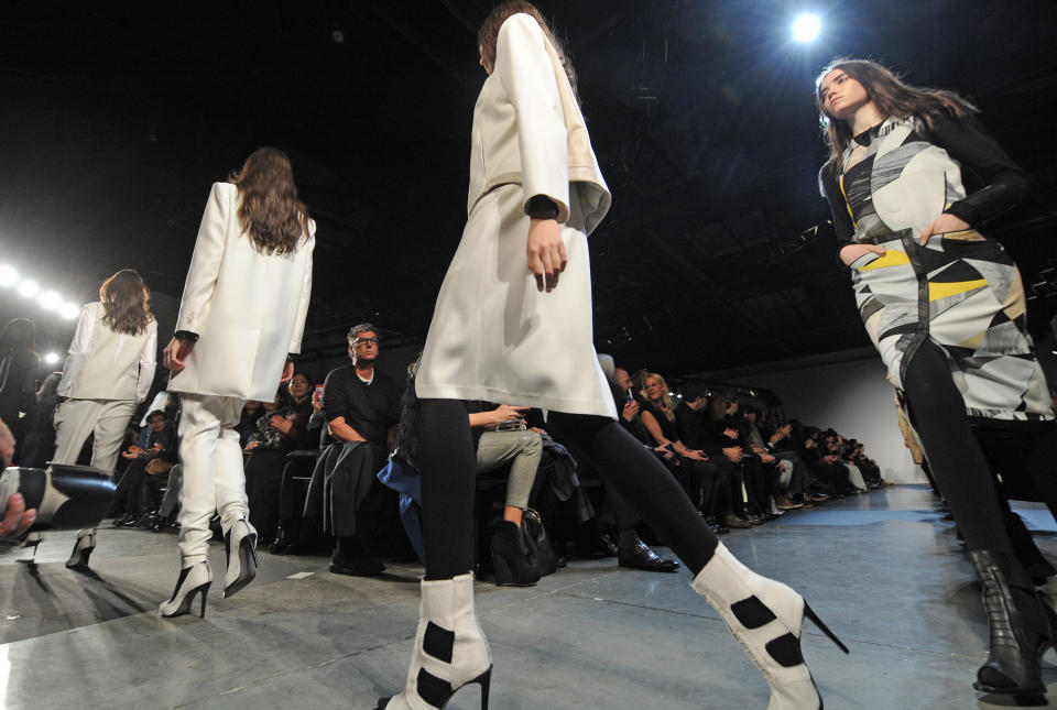 The Helmut Lang Fall 2013 collection is modeled during Fashion Week, Friday, Feb. 8, 2013, in New York. (AP Photo/Louis Lanzano)