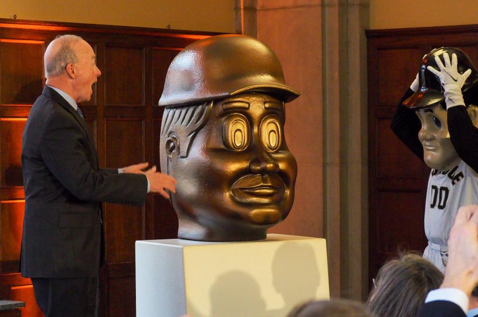 Mitch Daniels, Purdue University's former president and Purdue Pete react to the unveiling of the bronze bust of "Mitch Daniels", who served as the university's12th president from 2013 to 2022, inside Purdue Memorial Union, on Friday, Dec. 8, 2023, in West Lafayette.