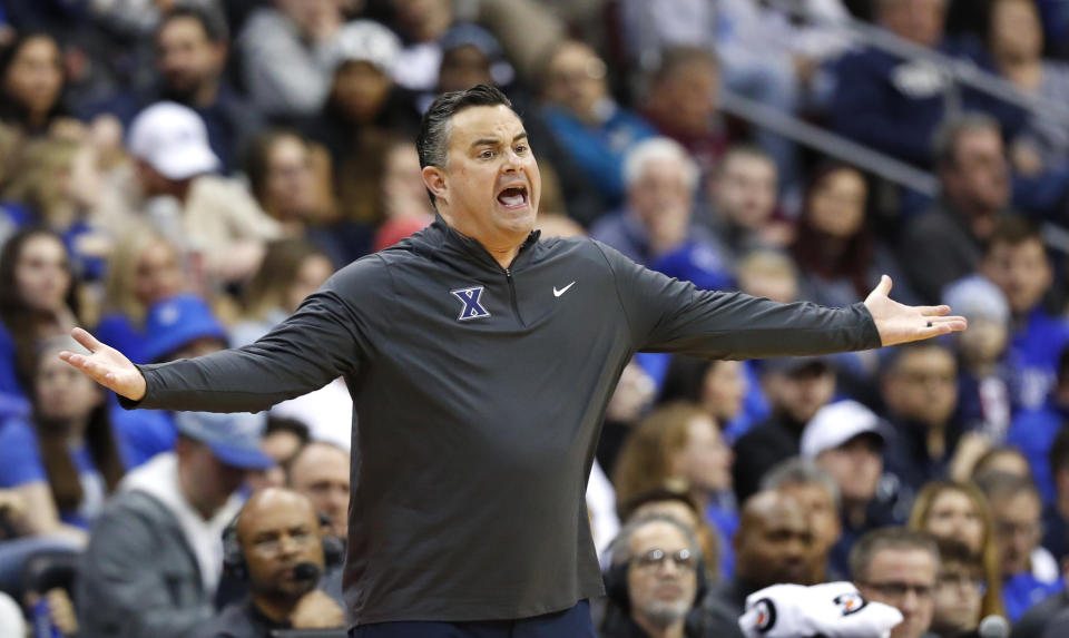 Xavier coach Sean Miller gestures during the first half of the team's NCAA college basketball game against Seton Hall in Newark, N.J., Friday, Feb. 24, 2023. (AP Photo/Noah K. Murray)