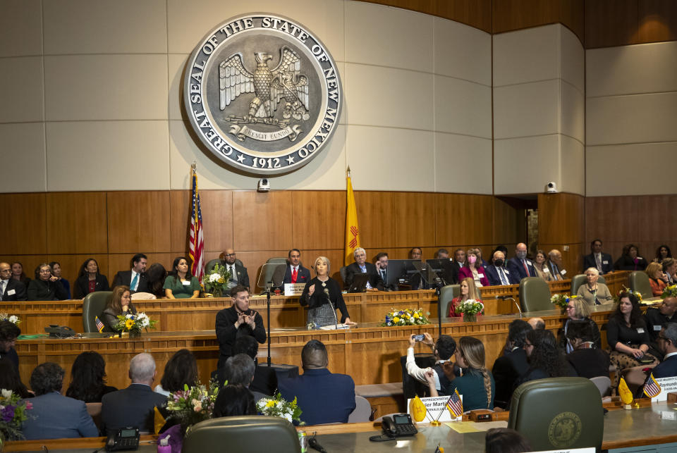 New Mexico Gov. Michelle Lujan Grisham delivers her State of the State address at the opening day of an annual legislative session in the House of Representatives in Santa Fe, N.M., on Tuesday, Jan. 17, 2023. Lujan Grisham called for new gun control laws and greater accountability for firearms manufacturers while denouncing recent drive-by shootings against state legislators and a national "scourge" of violence. (AP Photo/Andres Leighton)