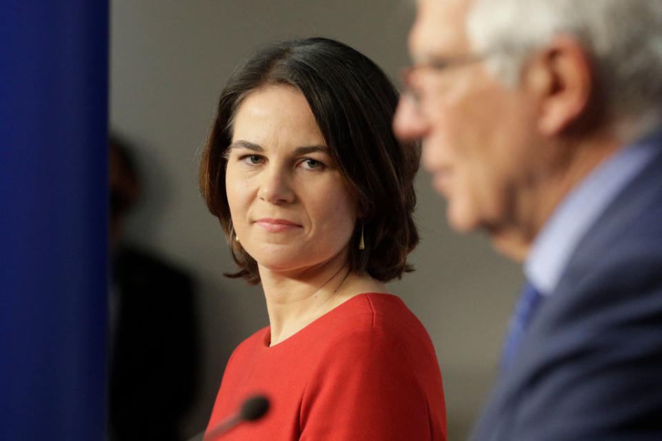 German Federal Foreign Minister Annalena Baerbock gives a press briefing in Brussels on December 9, 2021.<span class="copyright">Olivier Hoslet—AFP/Getty Images</span>