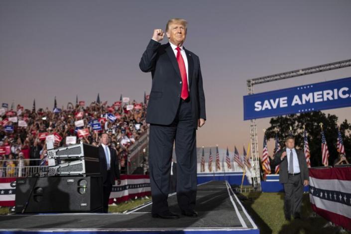 Former President Donald Trump greets supporters at a Save America rally in Perry, Georgia, Saturday, Sept. 25, 2021.  (AP Photo/Ben Gray)