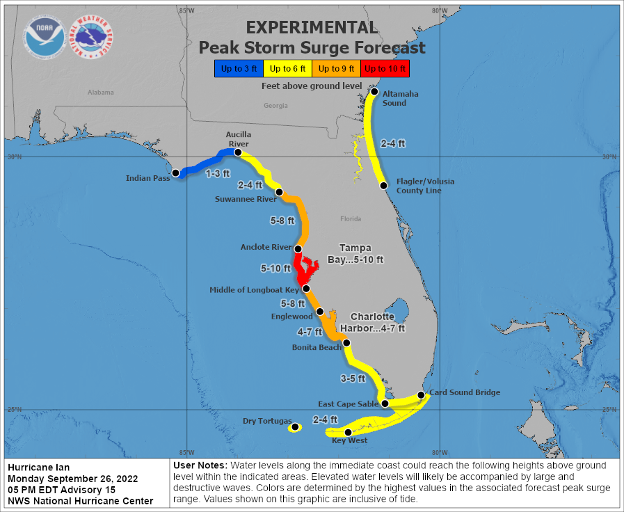 Hurricane Ian peak storm surge - Credit: NOAA