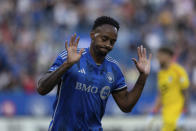 CF Montreal forward Mason Toye celebrates after a goal against Minnesota United during first-half MLS soccer match action in Montreal, Saturday, June 10, 2023. (Evan Buhler/The Canadian Press via AP)