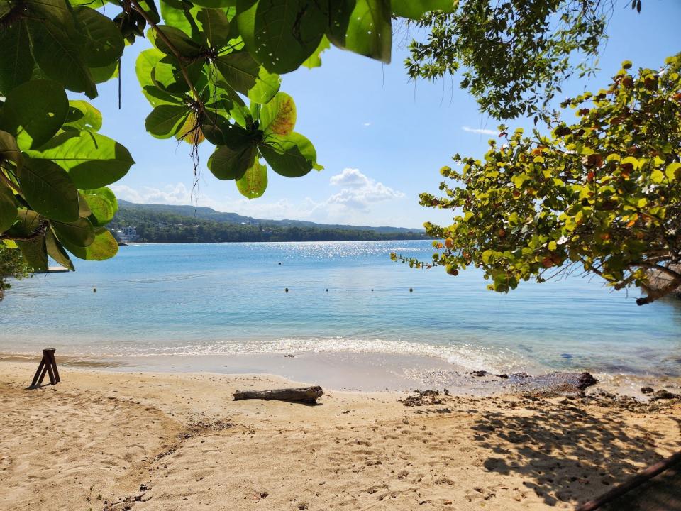 A beach in Oracabessa, Jamaica, in April 2023, with golden sand and blue sea and sky, framed by foliage, used for illustration purposes.