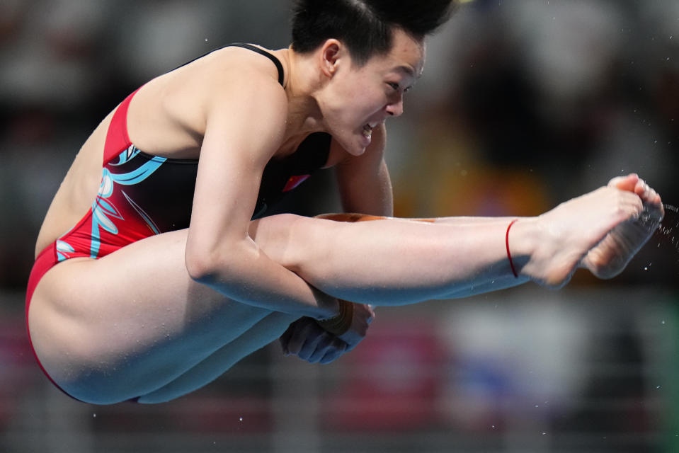 Chen Yiwen of China competes during the women's 3m springboard diving final at the World Aquatics Championships in Doha, Qatar, Friday, Feb. 9, 2024. (AP Photo/Hassan Ammar)