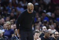 Orlando Magic head coach Jamahl Mosley yells against the Cleveland Cavaliers during the second half of Game 5 of an NBA basketball first-round playoff series, Tuesday, April 30, 2024, in Cleveland. (AP Photo/Ron Schwane)