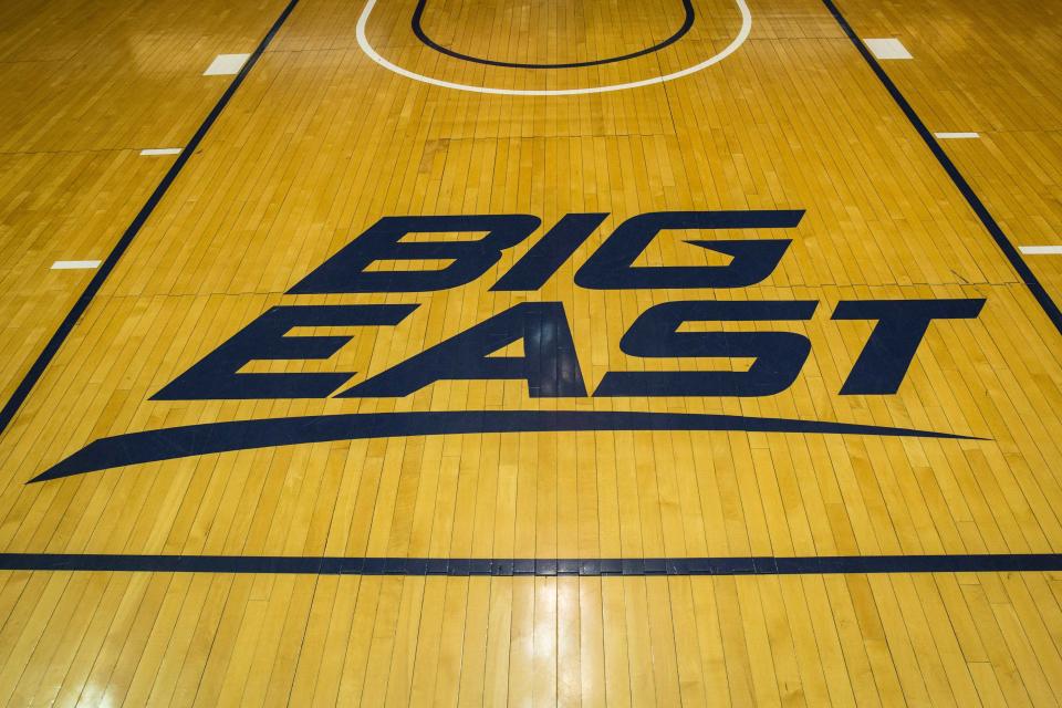 Feb 22, 2017; Villanova, PA, USA; The Big East logo on the court at The Pavilion before a game between the <a class="link " href="https://sports.yahoo.com/ncaaw/teams/villanova/" data-i13n="sec:content-canvas;subsec:anchor_text;elm:context_link" data-ylk="slk:Villanova Wildcats;sec:content-canvas;subsec:anchor_text;elm:context_link;itc:0">Villanova Wildcats</a> and the <a class="link " href="https://sports.yahoo.com/ncaaw/teams/butler/" data-i13n="sec:content-canvas;subsec:anchor_text;elm:context_link" data-ylk="slk:Butler Bulldogs;sec:content-canvas;subsec:anchor_text;elm:context_link;itc:0">Butler Bulldogs</a>. Mandatory Credit: Bill Streicher-USA TODAY Sports