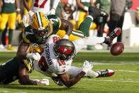 Tampa Bay Buccaneers' Breshad Perriman fumbles after catching a pass during the first half of an NFL football game against the Green Bay Packers Sunday, Sept. 25, 2022, in Tampa, Fla. (AP Photo/Chris O'Meara)