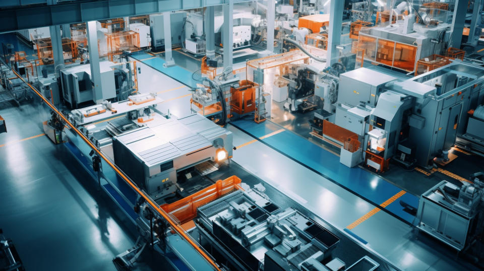 An aerial view of a modern fabrication center with equipment for producing semiconductor components.