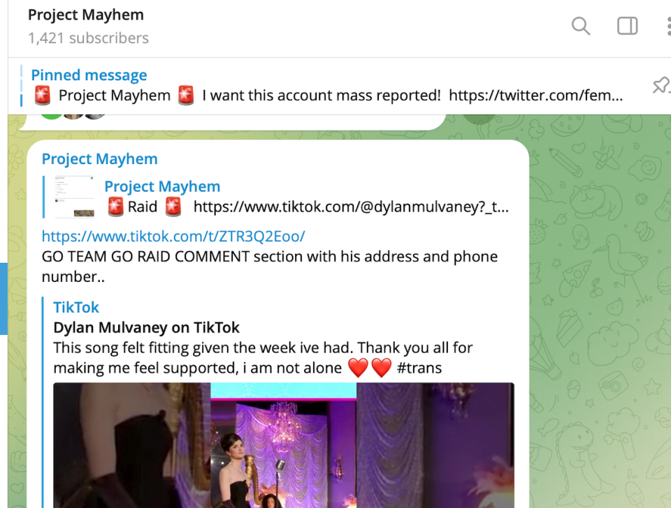 A screenshot from the Project Mayhem Telegram channel, which recently disappeared from the platform, shows participants targeting transgender activist Dylan Mulvaney's TikTok.