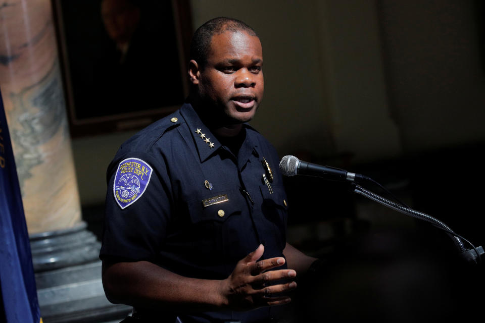 Rochester Police Chief, La'Ron Singletary speaks during a news conference regarding the protests over the death of a Black man, Daniel Prude, after police put a spit hood over his head during an arrest on March 23, in Rochester, New York, U.S. September 6, 2020. REUTERS/Brendan McDermid