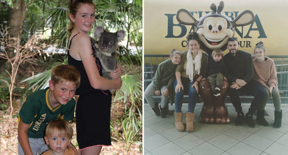 Left: Ellis children holding koala in Australia. Right: Ellis family visiting the Big Banana in Coffs Harbour. 