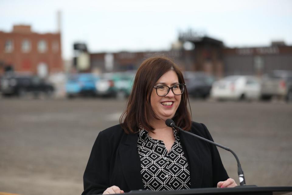 Leasa Gibbons, executive director of Regina's Warehouse Business Improvement District, speaks with media on April 25, 2024.