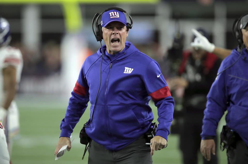 New York Giants head coach Pat Shurmur reacts after loosing a challenge in the first half of an NFL football game against the New England Patriots, Thursday, Oct. 10, 2019, in Foxborough, Mass. (AP Photo/Charles Krupa)