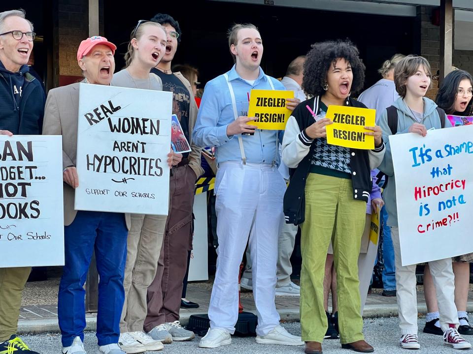 Protesters chant "Hey, hey, ho ho, Bridget Ziegler has got to go" in front of the Sarasota County School Board chambers before a meeting on Tuesday, February 6, 2024.